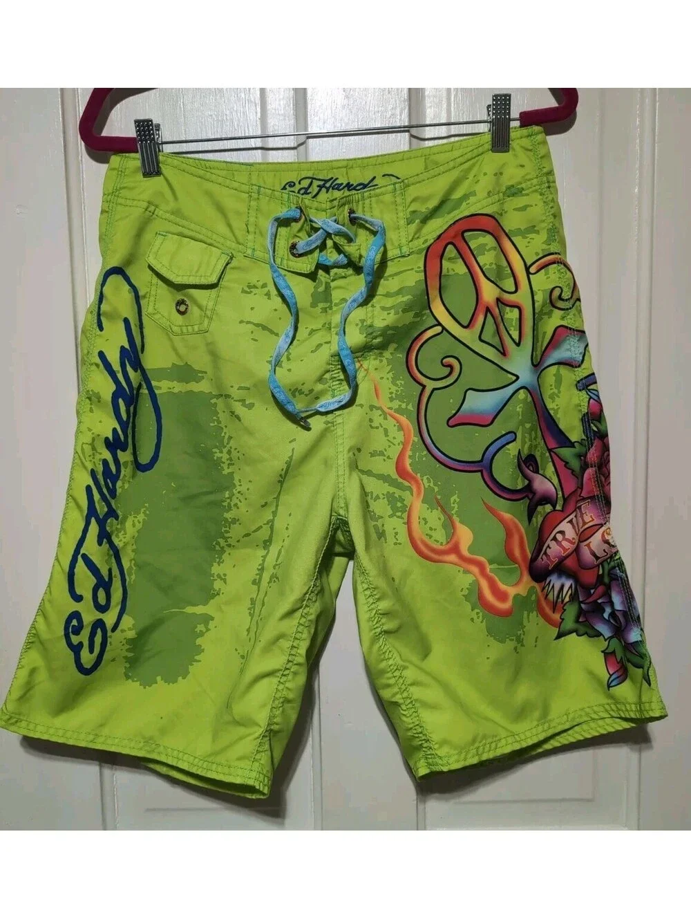 Vtg Ed Hardy By Christian Audigier Surf Or Die Board Shorts Lime Men 33(1600)F